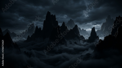 Mountain spires tower dramatically above a thick layer of rolling clouds under a dark atmospheric stormy sky in a mysterious high-altitude landscape.