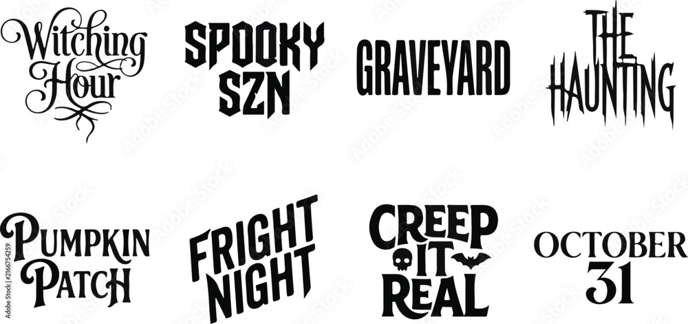 Obraz premium Halloween typography collection with various spooky phrases on a white background