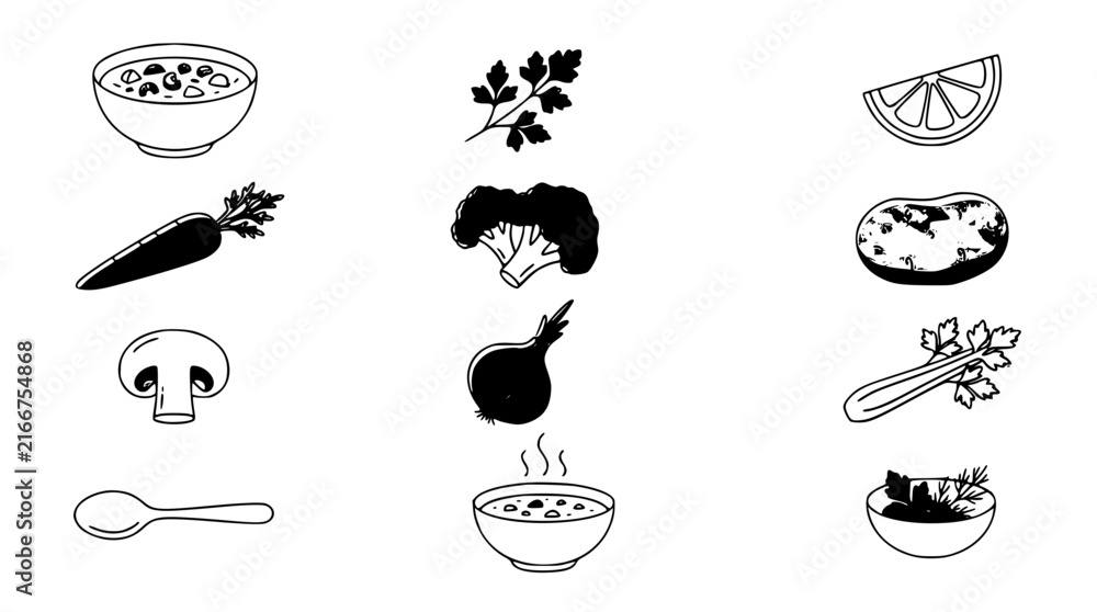 Fototapeta premium Creamy Vegetable Soup Healthy Hot Comfort Food Thin Line Art Vector Collection