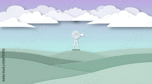 Minimalist Green Hills with White Windmill