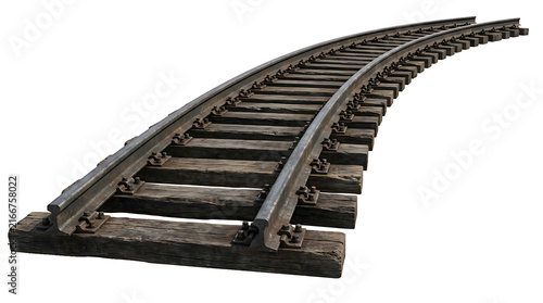 Curved railway tracks with wooden sleepers isolated on transparent background