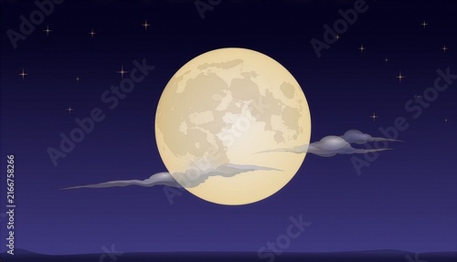 夜空に大きく輝く満月とたな引く雲、星々を描いた美しい背景　Beautiful Background Depicting a Large Glowing Full Moon, Drifting Clouds, and Stars in the Night Sky