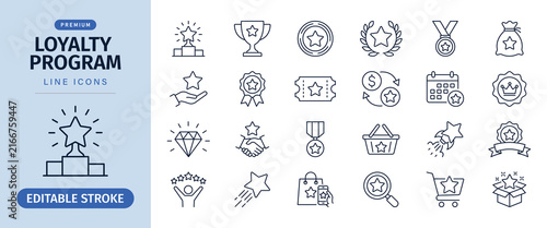 Loyalty program line icon set for reward points and customer promotion, vector illustration