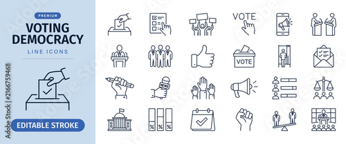Voting democracy line icon set for election choice and political campaign, vector illustration