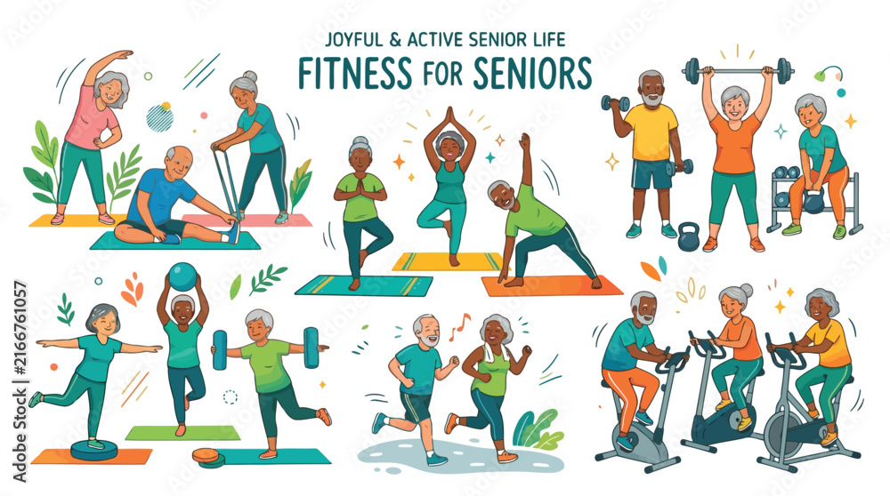 Fototapeta premium Set of illustrations depicting elderly people engaging in various fitness and exercise activities