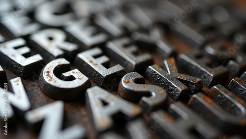 Close-up of vintage metal letterpress type blocks scattered on a wooden surface.