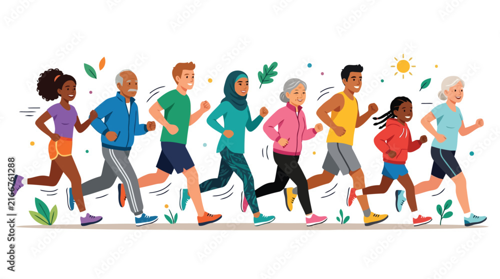 Obraz premium A diverse group of cheerful people of various ages running together outdoors