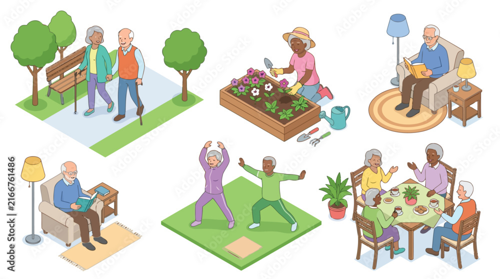 Fototapeta premium Isometric illustration set of elderly people engaged in various outdoor and indoor activities