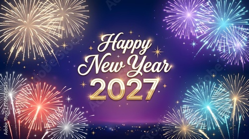 Happy new year 2027 greeting card design with colorful festive fireworks on a dark purple background