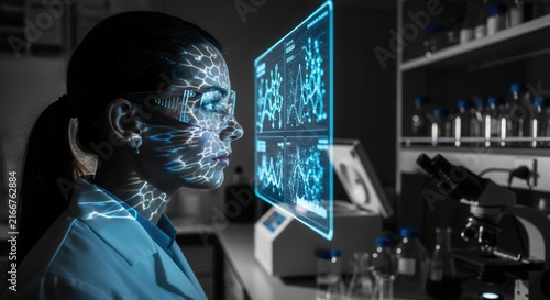 Futuristic Scientist Engaged With Holographic Data Display In Laboratory