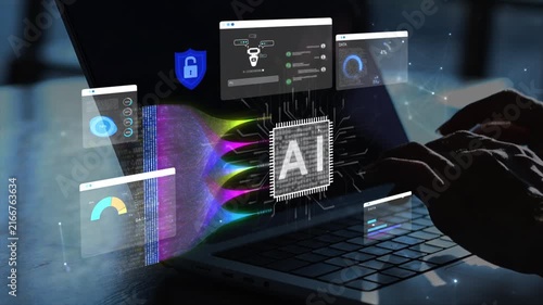 woman analyst uses a computer AI artificial intelligence and dashboard for data business analysis and Data Management System with KPI and metrics connected to the database for technology finance,