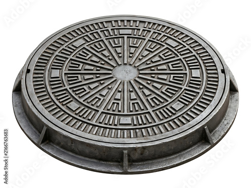 Cast iron manhole cover isolated on transparent background