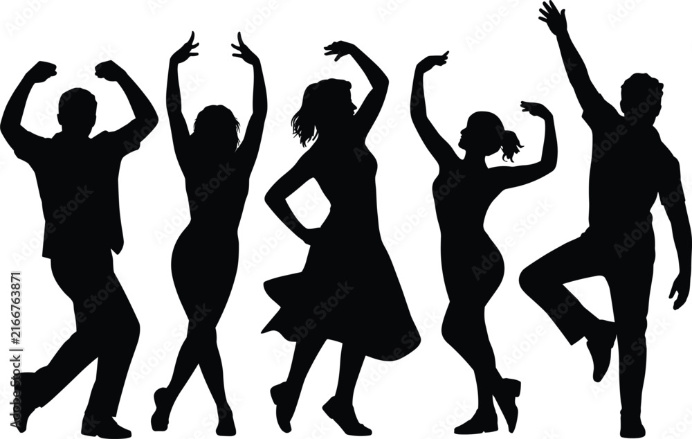Fototapeta premium A group of black silhouettes of young men and women dancing and posing with arms raised, isolated on a white background, representing party, celebration, and active lifestyle