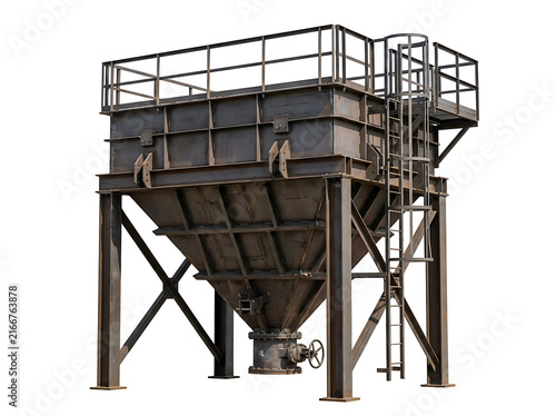 Industrial steel hopper bin for bulk material storage isolated on transparent background