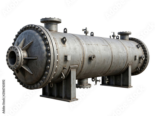 Industrial shell and tube heat exchanger isolated on transparent background