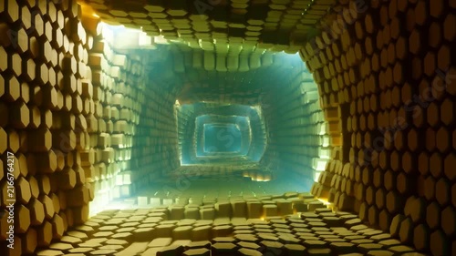 Illuminated hexagonal tunnel with repeating geometric walls and glowing rectangular passage