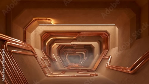 Copper Pipes Line Repeating Industrial Tunnel with Warm Light and Central Haze