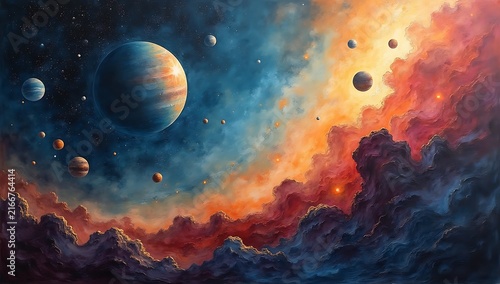 Vibrant Watercolor Painting of Planets and Nebulae in Space.