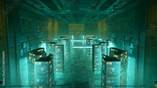 Futuristic Industrial Corridor with Glowing Panels and Red Teal Ambient Lighting