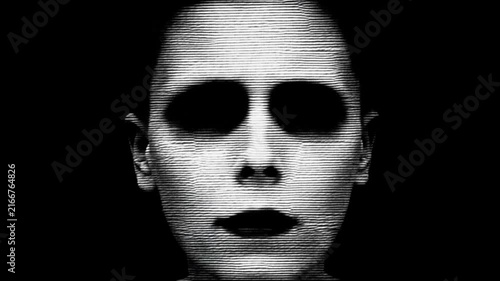 Creepy Ghost Face with Black Eyes Glitching on Dark Background