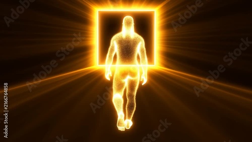 Glowing Human Silhouette Stands Before Square Light Frame With Radiating Golden Rays