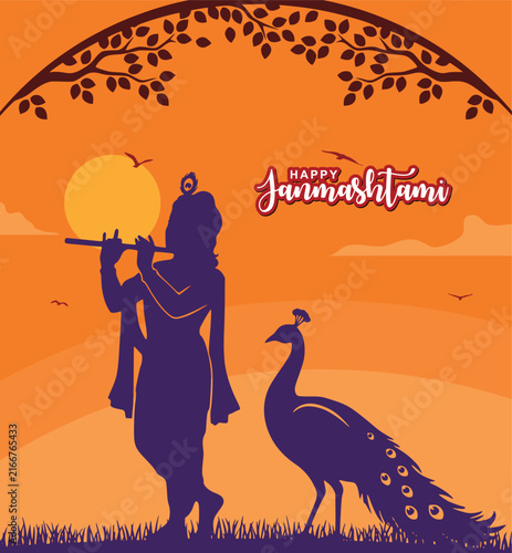 Lord Krishna playing flute silhouette for Happy Janmashtami festival celebration greeting card 2.