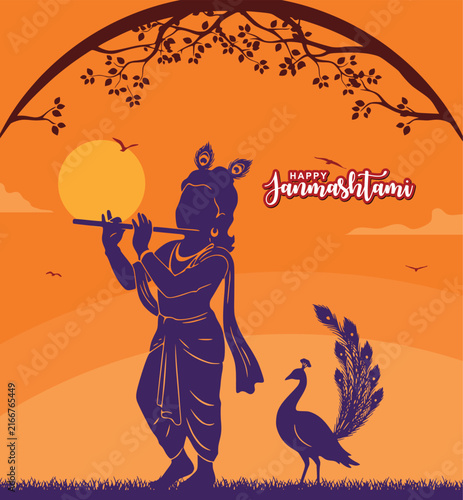 Lord Krishna playing flute silhouette for Happy Janmashtami festival celebration greeting card 1.