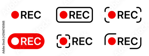 Camera recording icon set, REC labels for video capture.