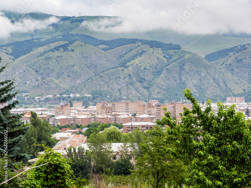 aerial view of Vanadzor city on cloudy morning