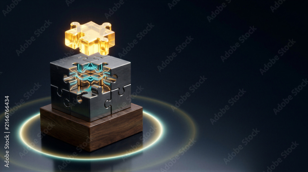 Fototapeta premium Illuminated metallic puzzle cube with glowing electronic circuitry and floating piece on wooden pedestal. Innovative technology, problem solving, integration and business solution concept