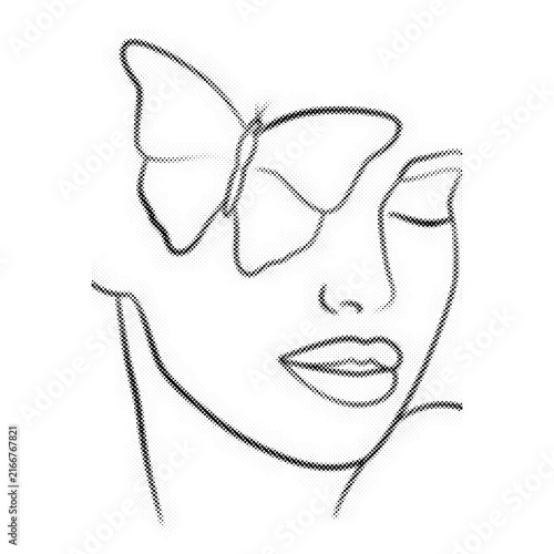 Minimalist line art illustration featuring a feminine face merged with a beautiful butterfly silhouette in halftone dots transparent background