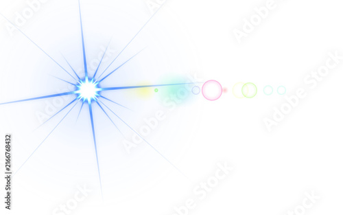 Bright blue starburst light effect with colorful lens flares on transparent background