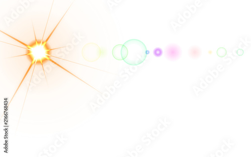 Bright orange starburst with colorful lens flares with starburst effect on transparent background