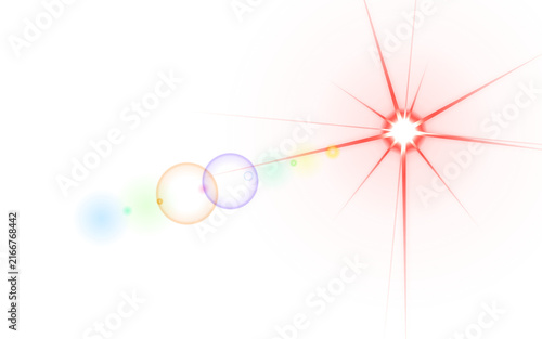 Red lens flare with colorful light circles on transparent background