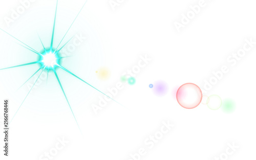 Blue and multicolor lens flares with starburst light effects on transparent background