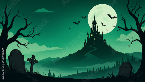 Spooky halloween night with ghost, graveyard and full moon