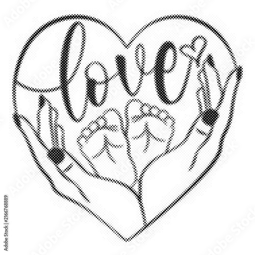 Foto Halftone style illustration of baby feet held in parent hands inside a heart sha