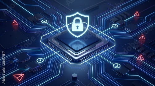 Cyber security shield icon over computer processor on circuit board