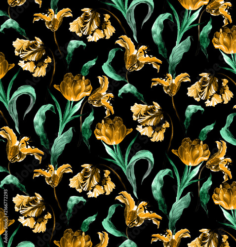 Luxury vintage seamless floral pattern with watercolor golden tulips and emerald green leaves on black background.