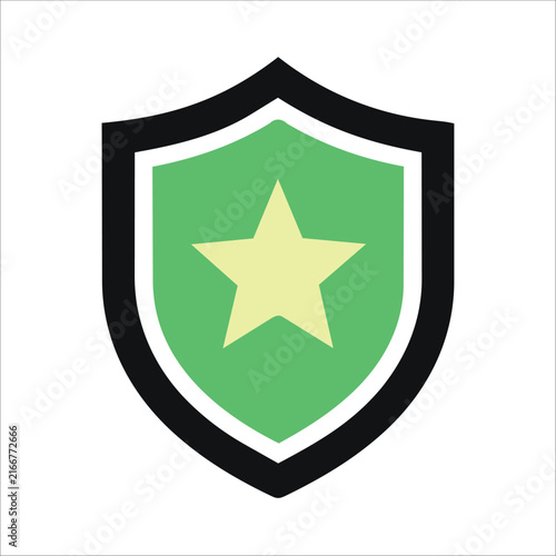 Green shield icon with a yellow star vector illustration for security and protection