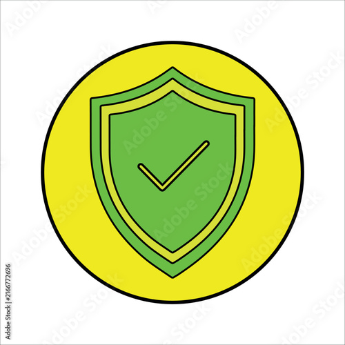 Green shield icon with checkmark in yellow circle, flat vector illustration
