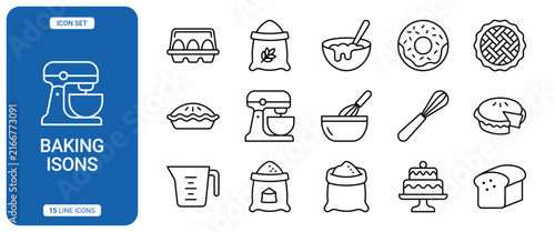 Set of 15 baking line icons featuring kitchen equipment and ingredients like a stand mixer, whisk, measuring cup, flour, eggs, cake, bread, and donuts