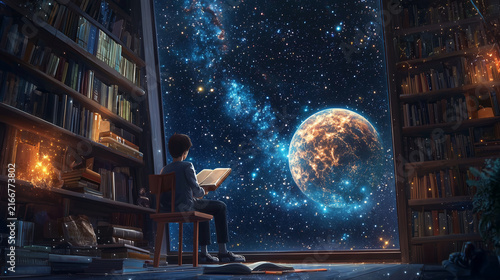 Young boy reading a book in a library with a cosmic backdrop  