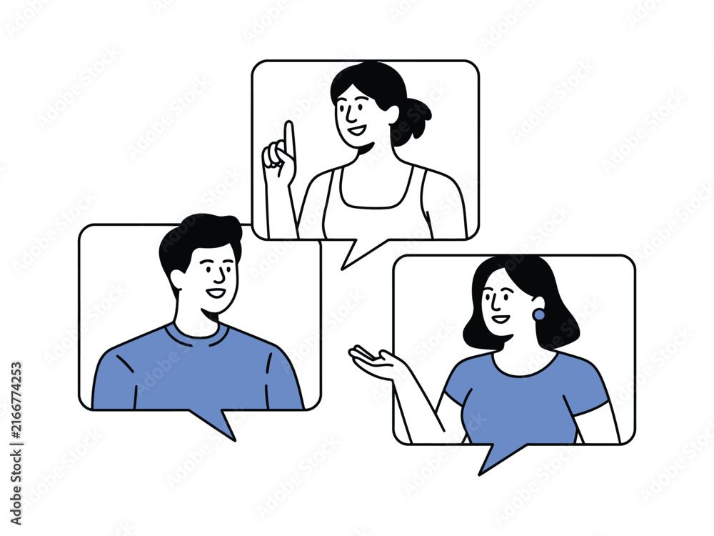 Fototapeta premium Video Meeting, Virtual Conference Remote Collaboration Team Communication and Online Discussion Flat Design