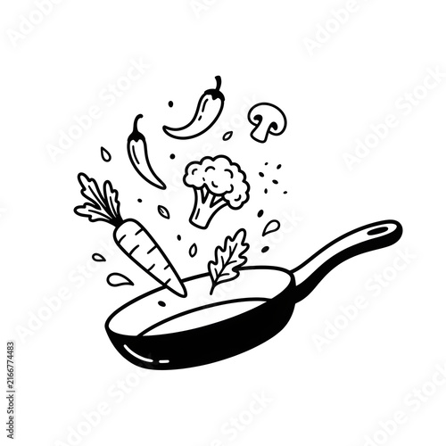 Fresh vegetables jumping in a frying pan line art drawing