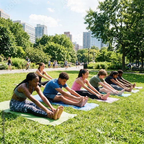 Diverse Group Practices Yoga Outdoors In Sunny Urban Park