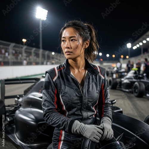 Determined Female Racer Ready For Competition On Track Under Lights