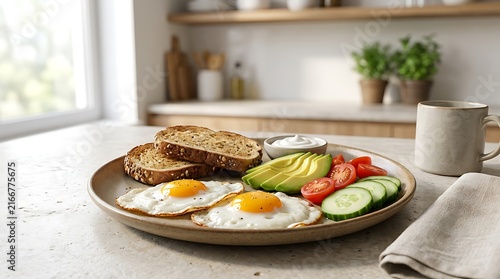 A delicious and healthy energy-boosting breakfast plate with fried eggs, avocado, and toast.