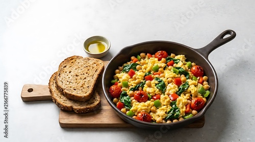 A healthy energy-boosting breakfast with chickpea scramble, vegetables, and toast.