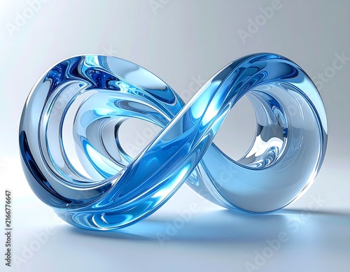 3D Glass Streamline Design Element, Abstract Pipe Shape, Transparent Blue Infinity Loop Sculpture with Smooth Reflections on Minimalist Light Background